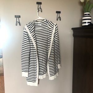 Black and White Striped Hooded Cardigan